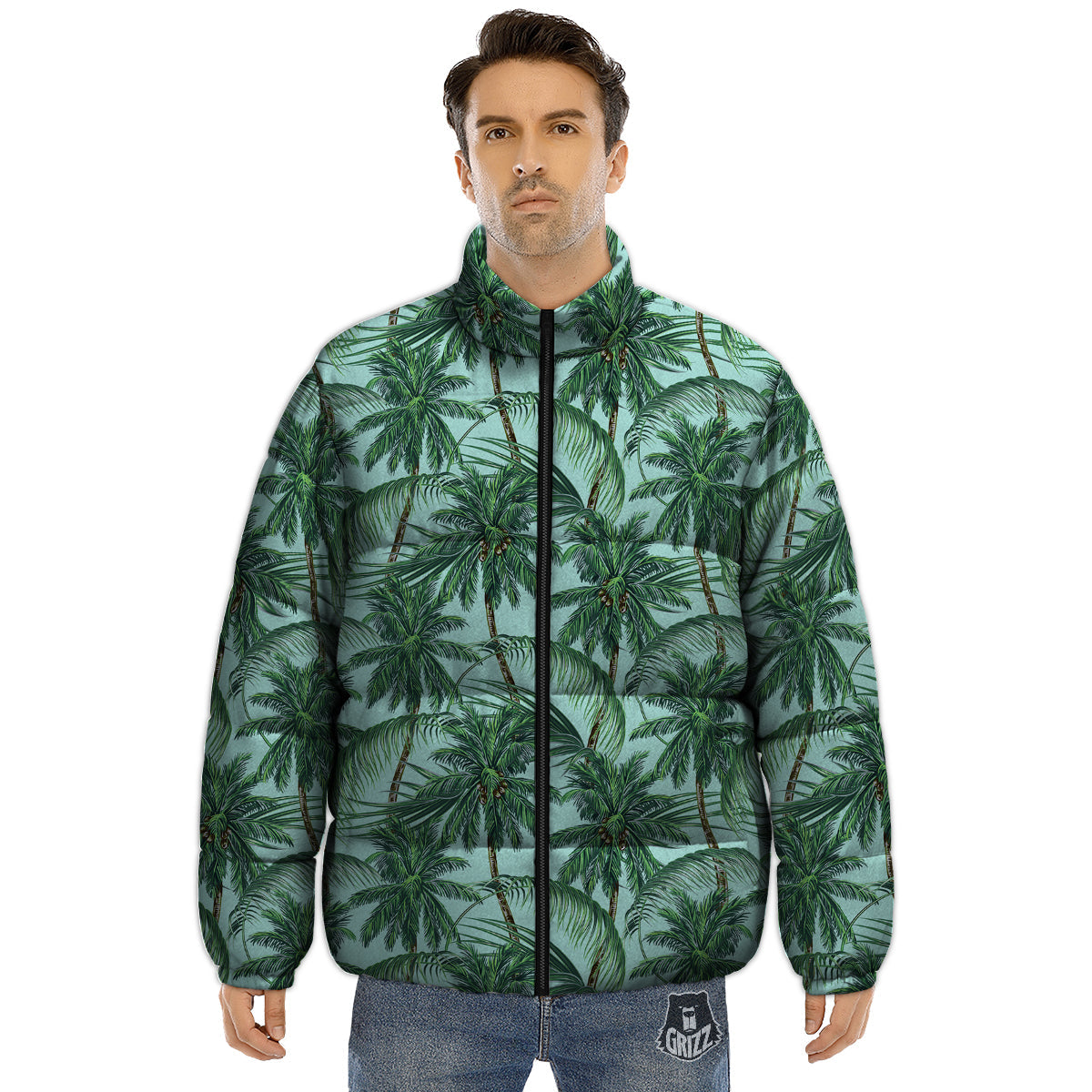 Coconut Tree Vintage Print Pattern Puffer Jacket-grizzshop