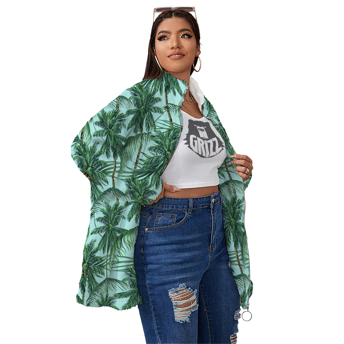 Coconut Tree Vintage Print Pattern Women's Sherpa Jacket-grizzshop
