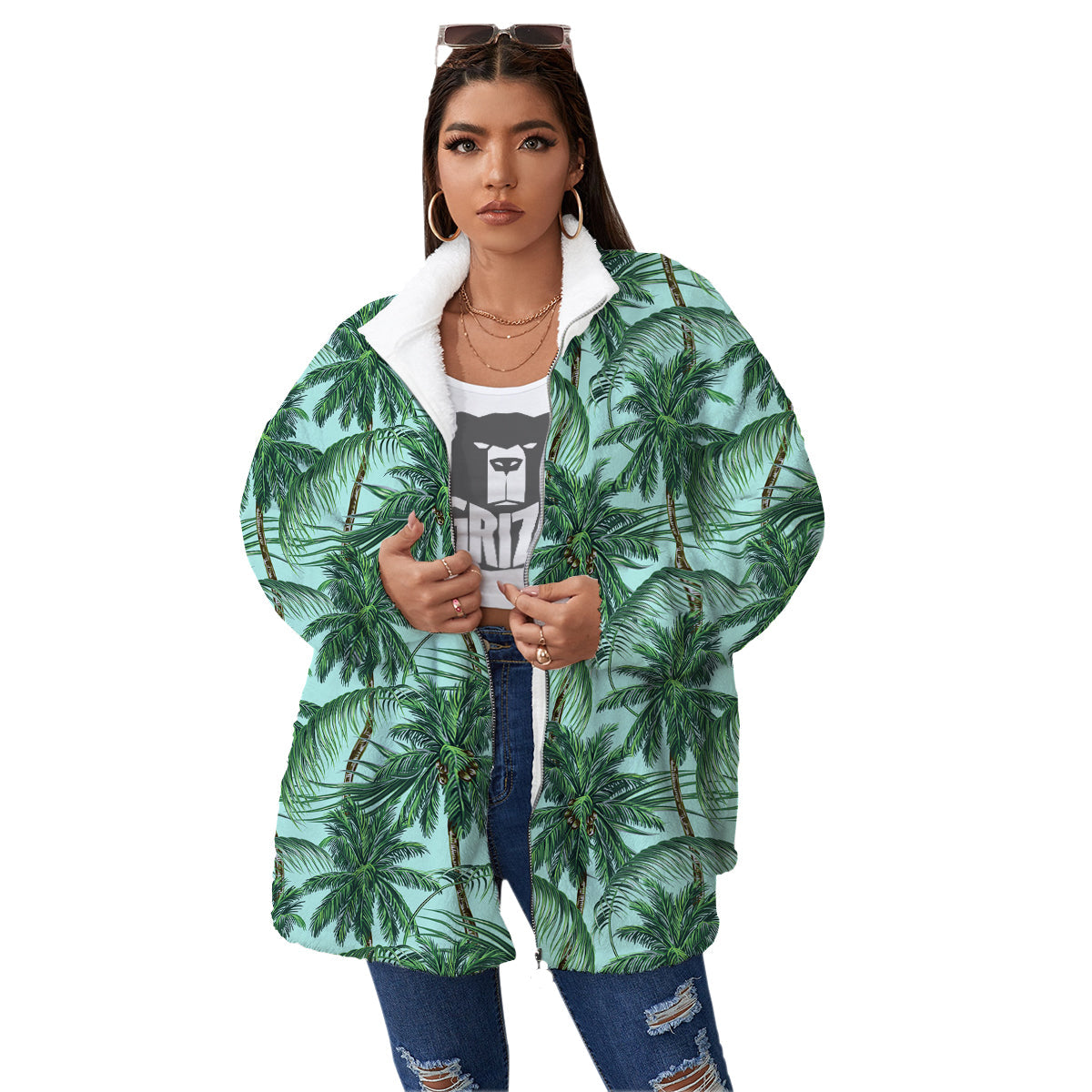 Coconut Tree Vintage Print Pattern Women's Sherpa Jacket-grizzshop