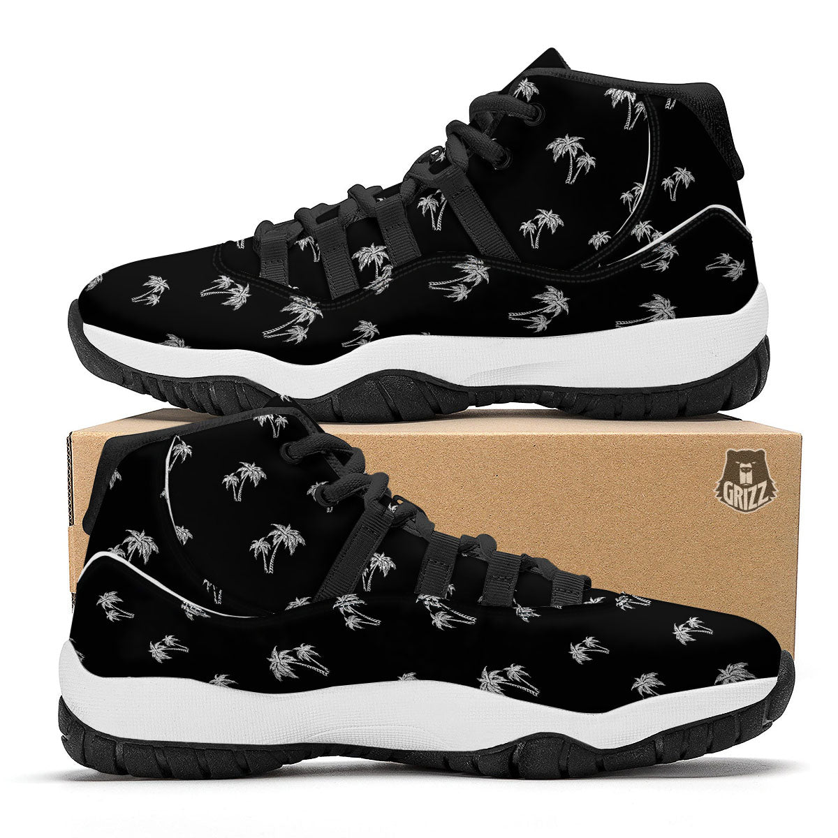 Coconut Tree White And Black Print Black Bball Shoes-grizzshop