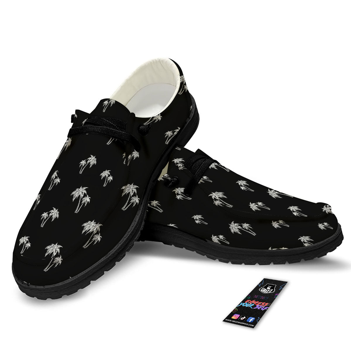 Coconut Tree White And Black Print Black Loafers-grizzshop