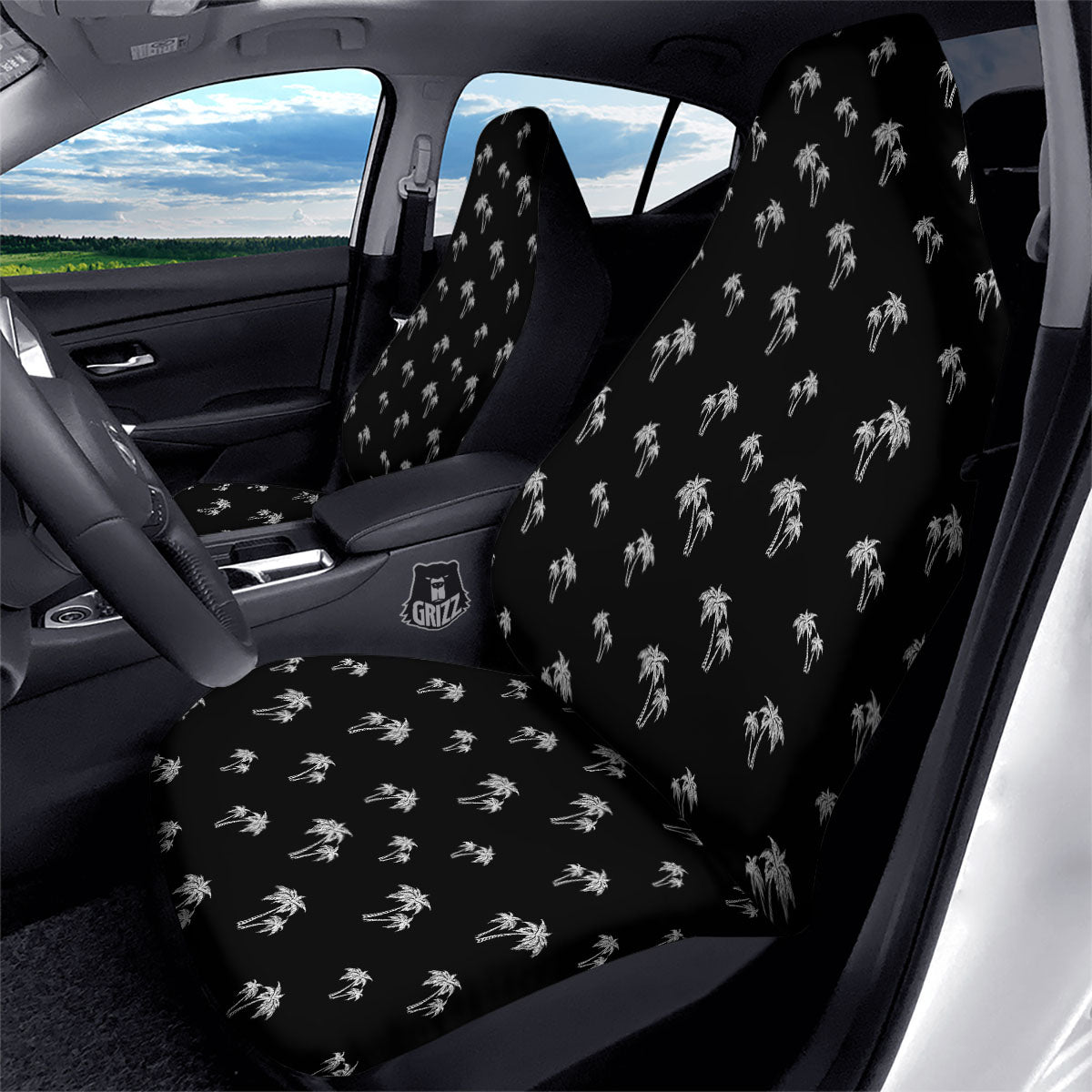 Coconut Tree White And Black Print Car Seat Covers-grizzshop