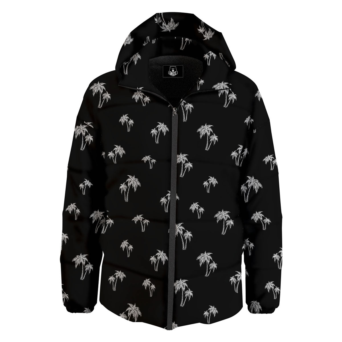 Coconut Tree White And Black Print Down Jacket-grizzshop