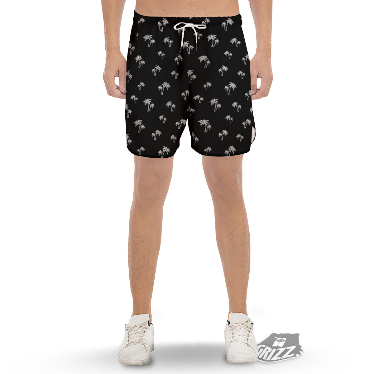 Coconut Tree White And Black Print Men's Gym Shorts-grizzshop