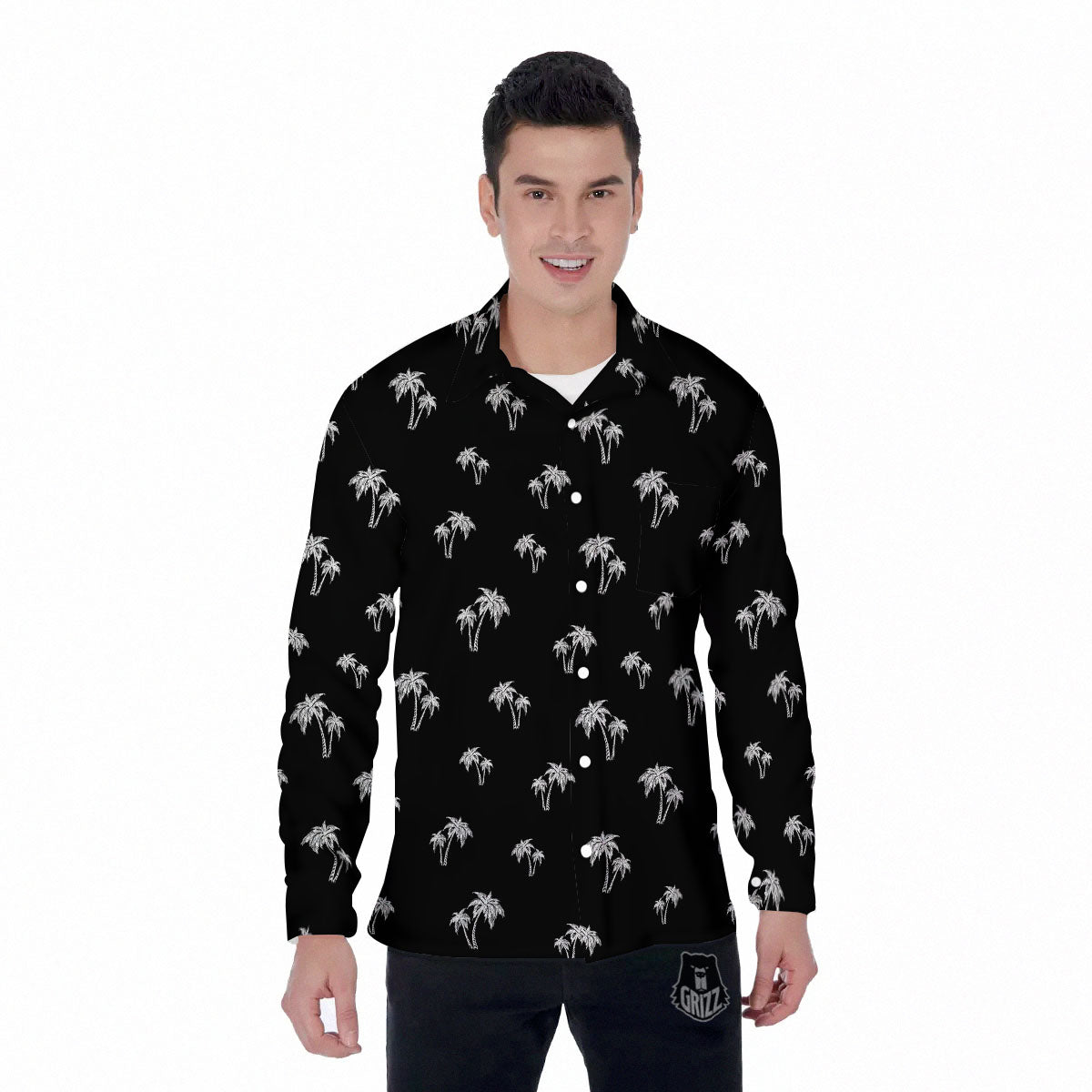 Coconut Tree White And Black Print Men's Long Sleeve Shirts-grizzshop