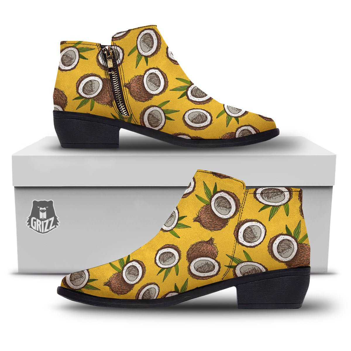 Coconut Yellow Print Pattern Ankle Boots-grizzshop