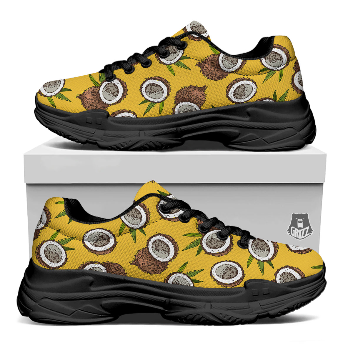 Coconut Yellow Print Pattern Black Chunky Shoes-grizzshop