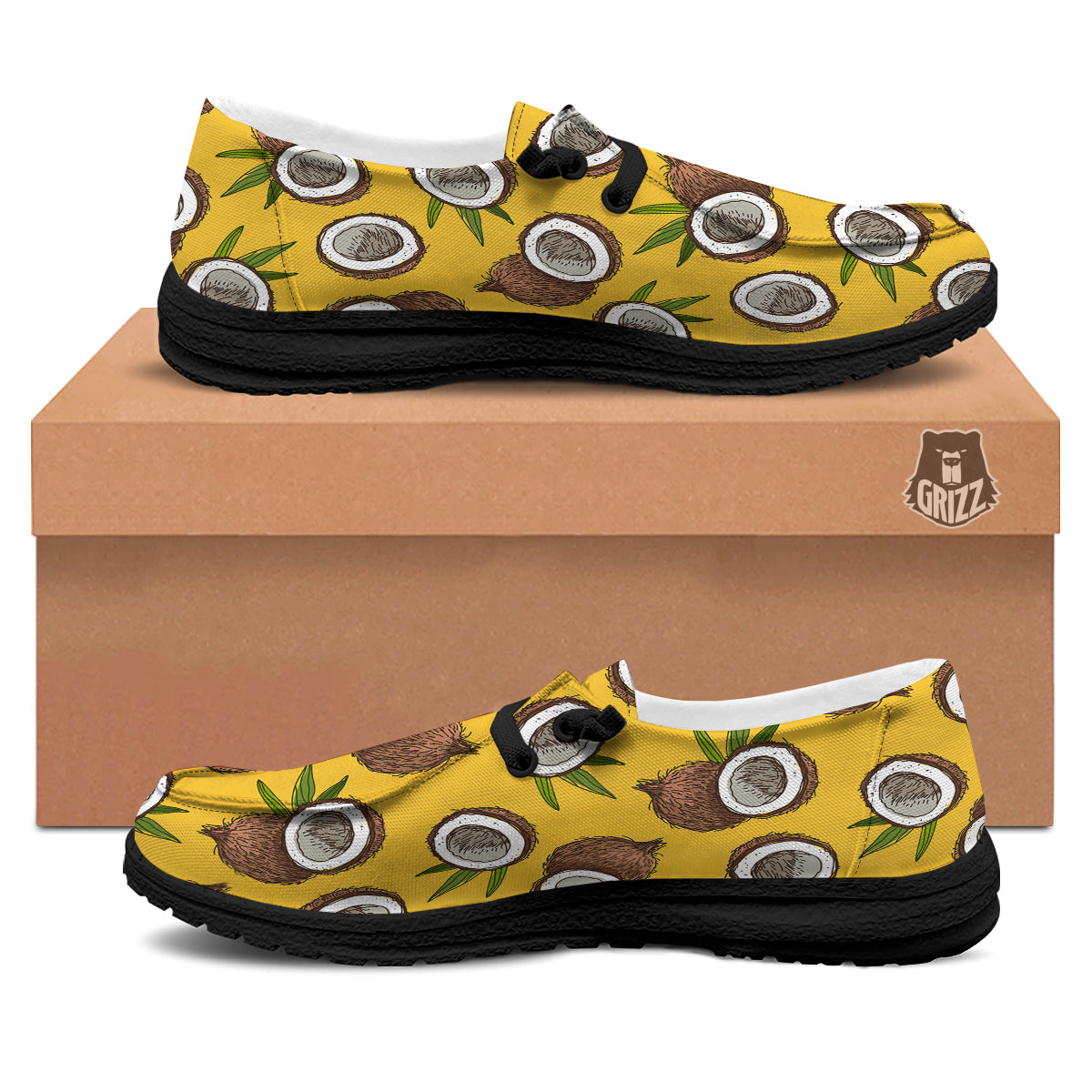 Coconut Yellow Print Pattern Black Loafers-grizzshop