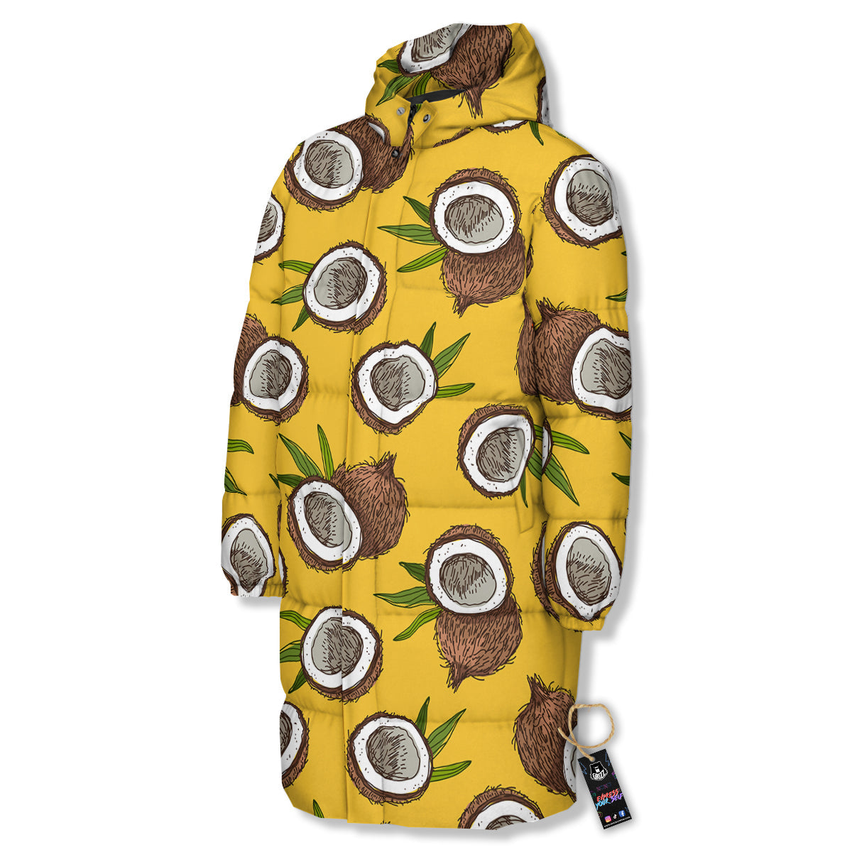 Coconut Yellow Print Pattern Long Down Jacket-grizzshop