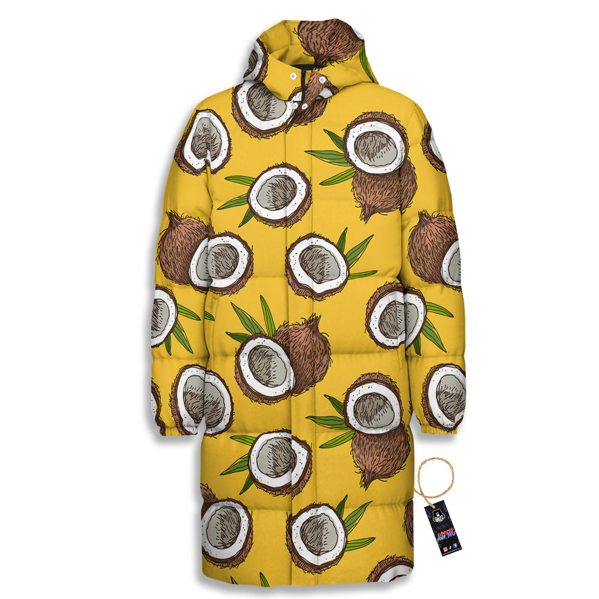 Coconut Yellow Print Pattern Long Down Jacket-grizzshop