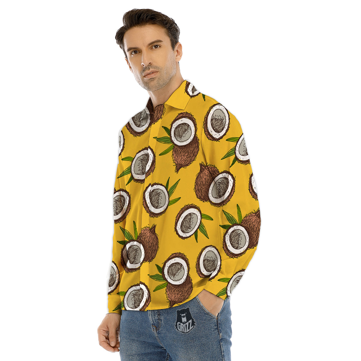 Coconut Yellow Print Pattern Men's Dress Shirts-grizzshop