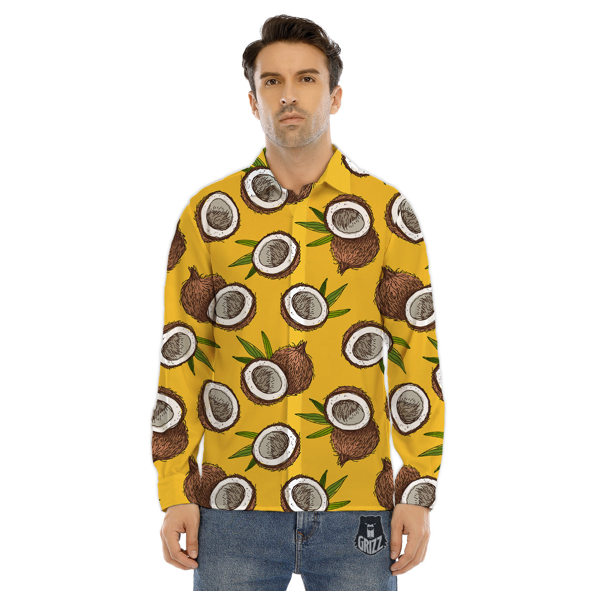 Coconut Yellow Print Pattern Men's Dress Shirts-grizzshop
