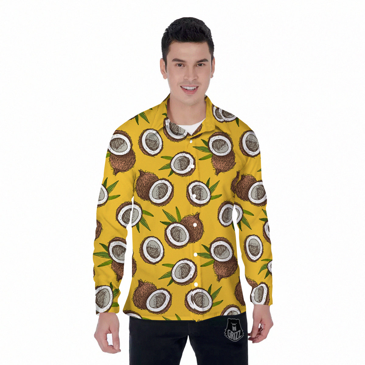 Coconut Yellow Print Pattern Men's Long Sleeve Shirts-grizzshop