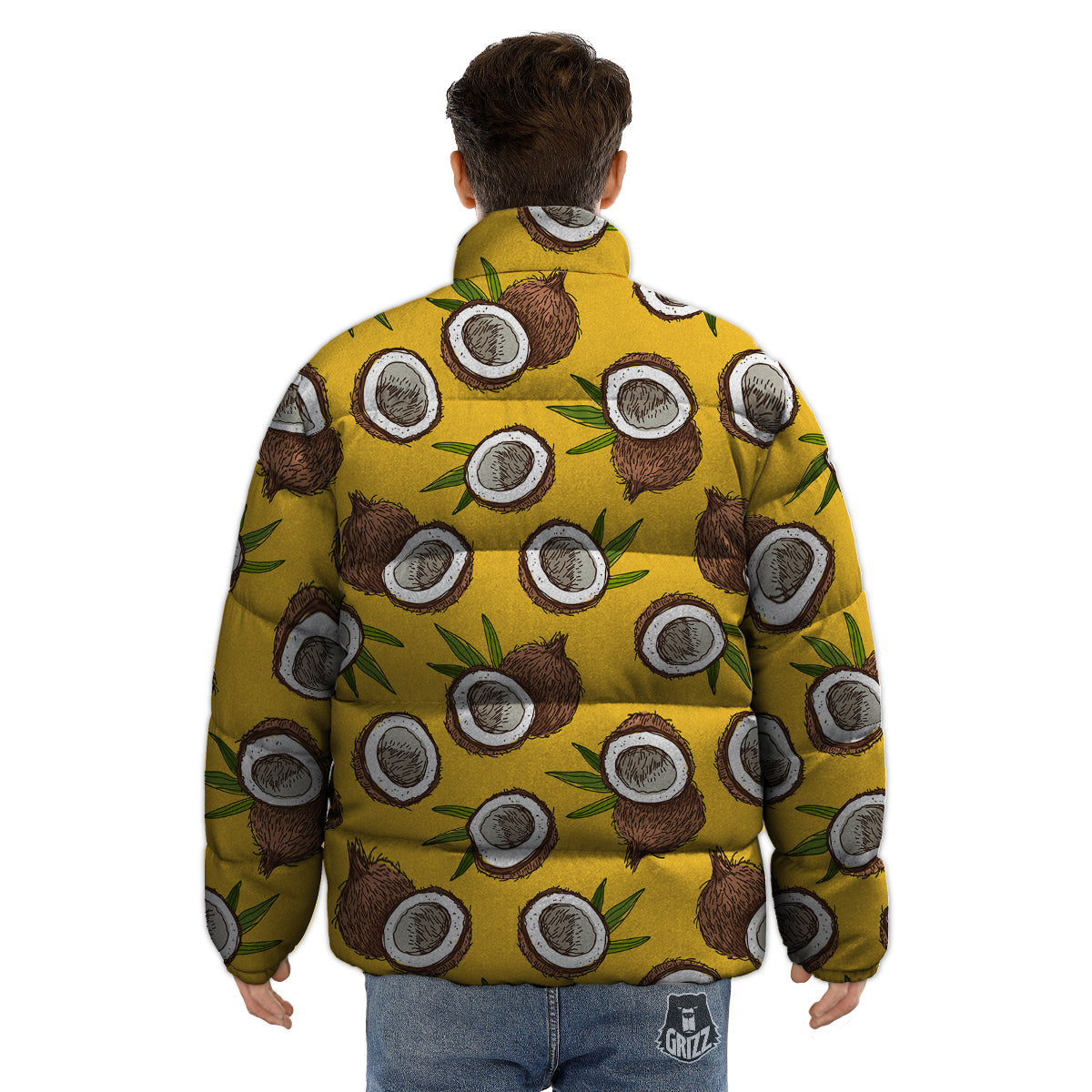 Coconut Yellow Print Pattern Puffer Jacket-grizzshop
