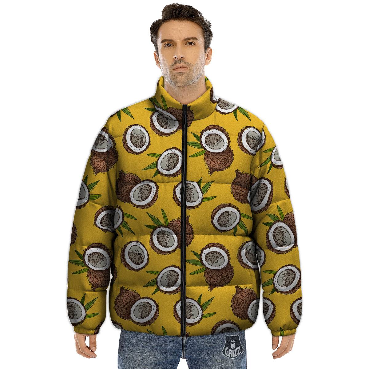Coconut Yellow Print Pattern Puffer Jacket-grizzshop