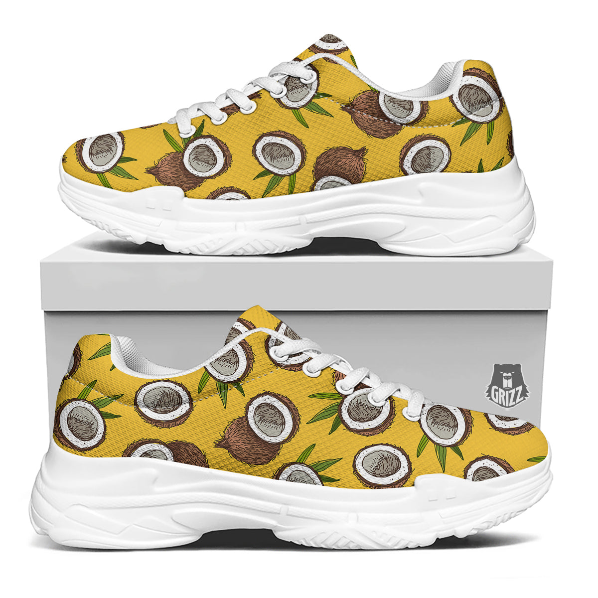 Coconut Yellow Print Pattern White Chunky Shoes-grizzshop