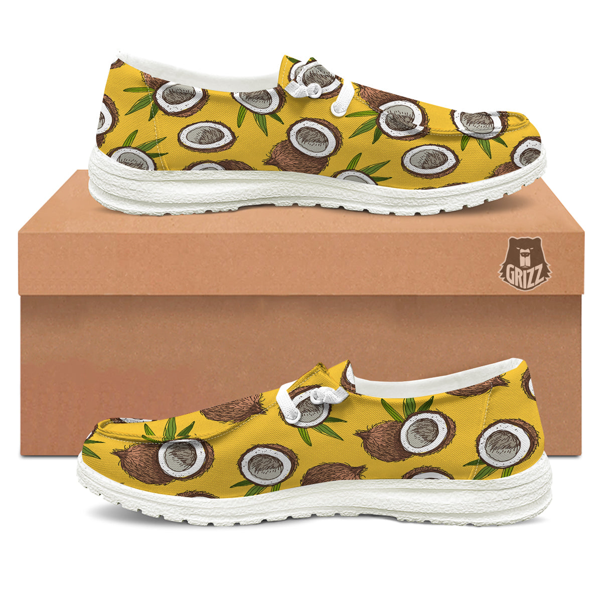 Coconut Yellow Print Pattern White Loafers-grizzshop