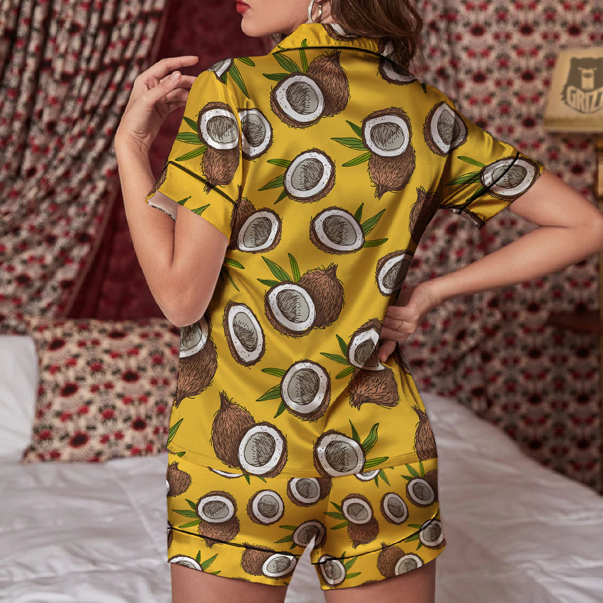 Coconut Yellow Print Pattern Women Silk Pajamas-grizzshop