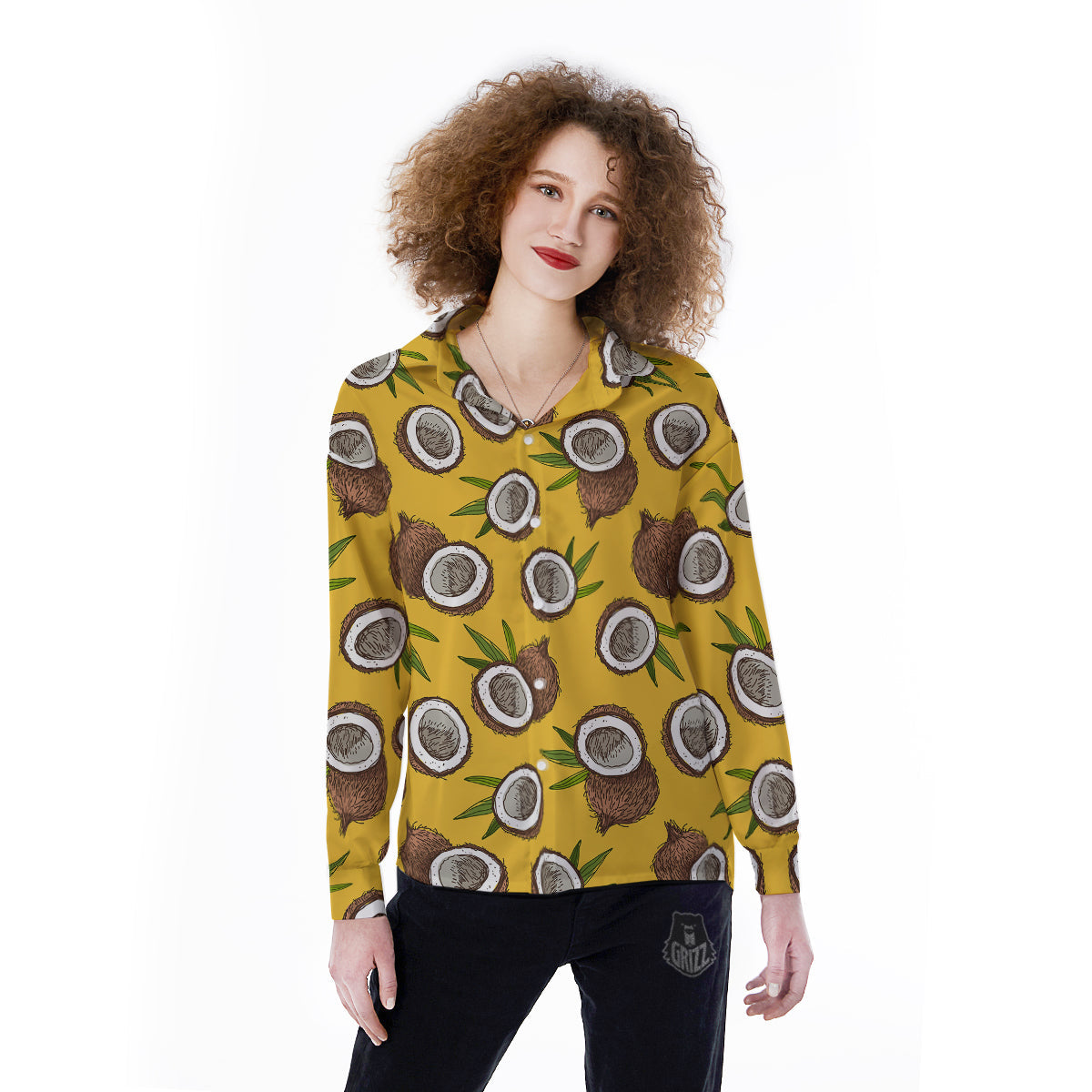 Coconut Yellow Print Pattern Women's Long Sleeve Shirts-grizzshop