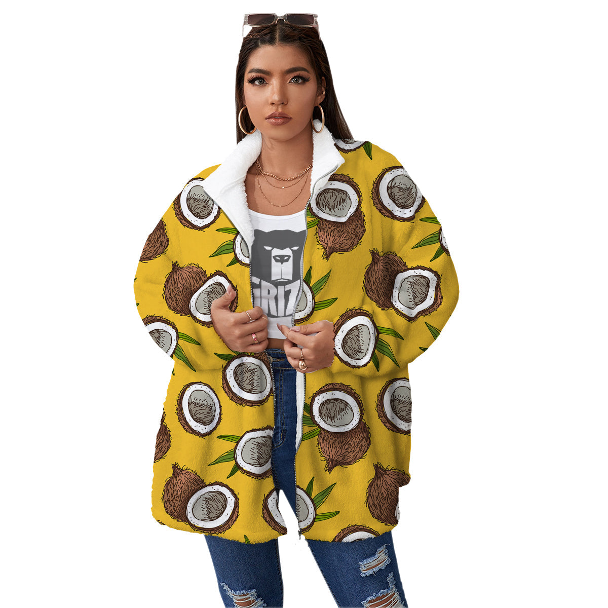 Coconut Yellow Print Pattern Women's Sherpa Jacket-grizzshop