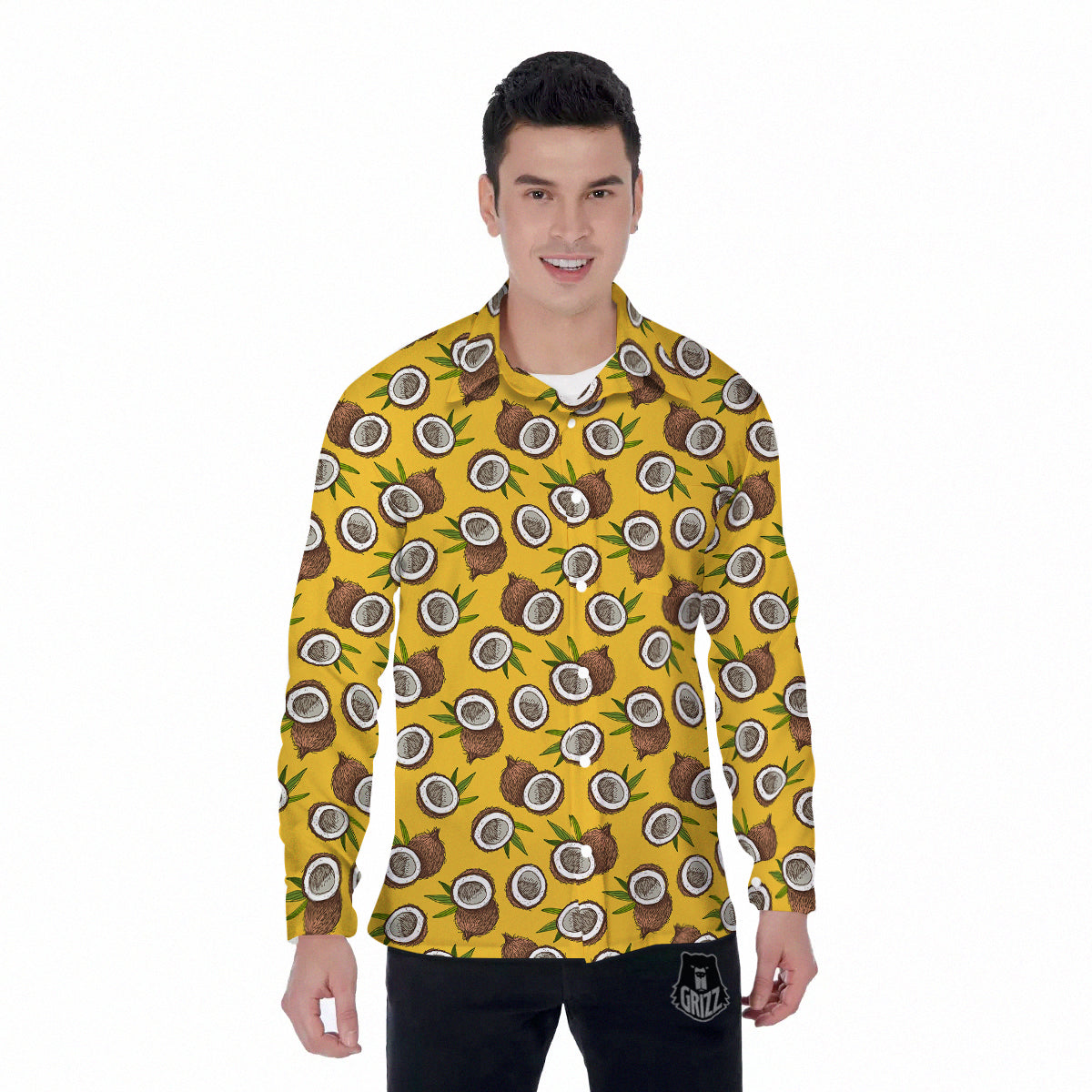Coconut Yellow Vintage Print Pattern Men's Long Sleeve Shirts-grizzshop