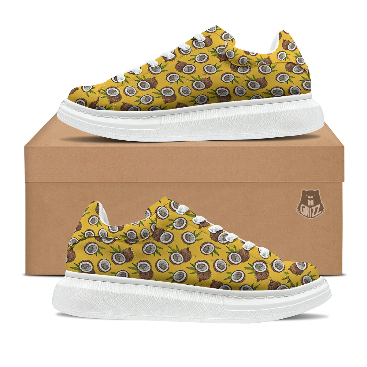 Coconut Yellow Vintage Print Pattern Platform Shoes-grizzshop