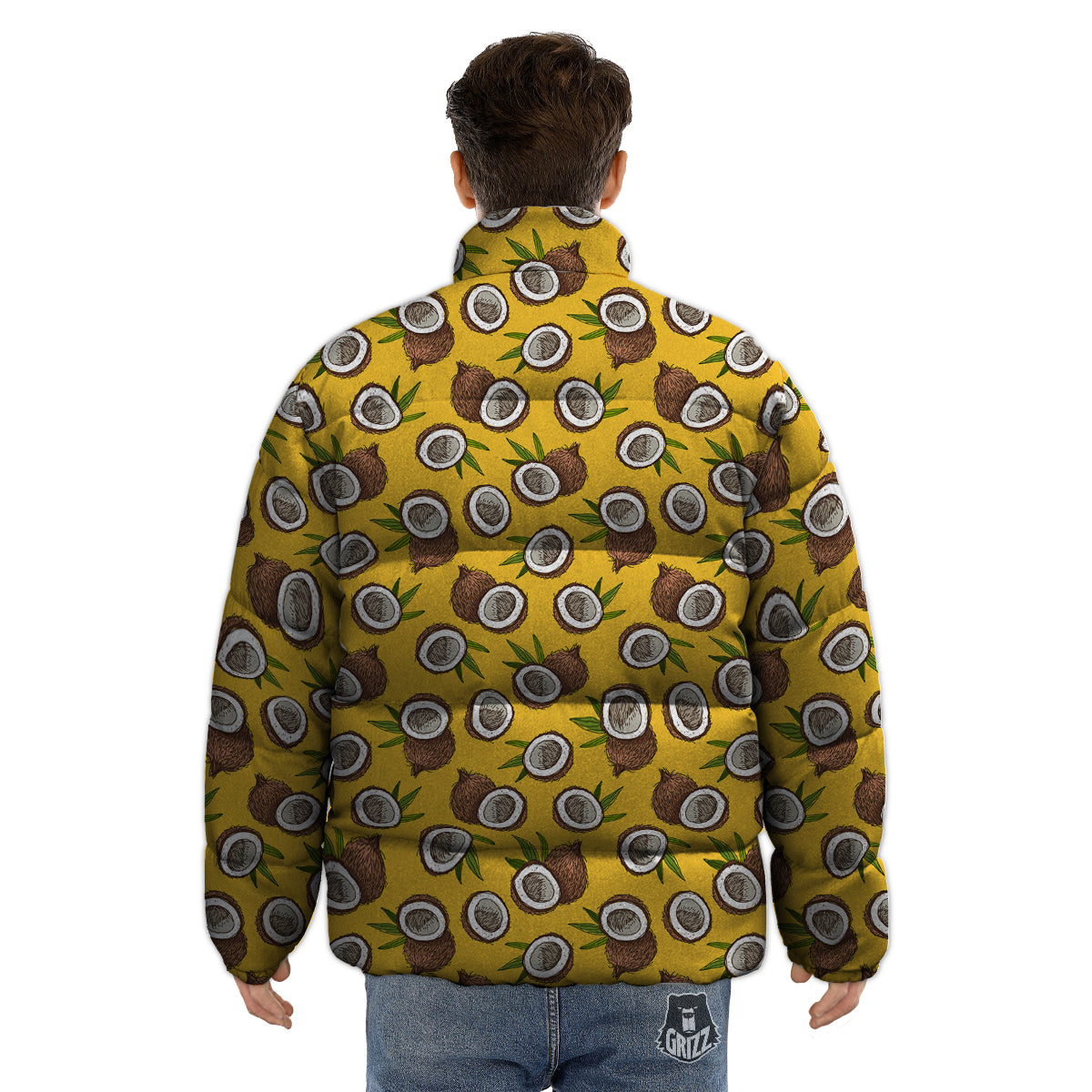 Coconut Yellow Vintage Print Pattern Puffer Jacket-grizzshop