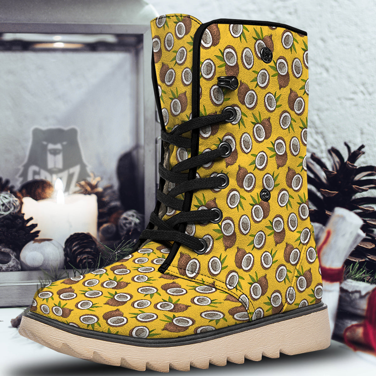 Coconut Yellow Vintage Print Pattern Snow Boots-grizzshop