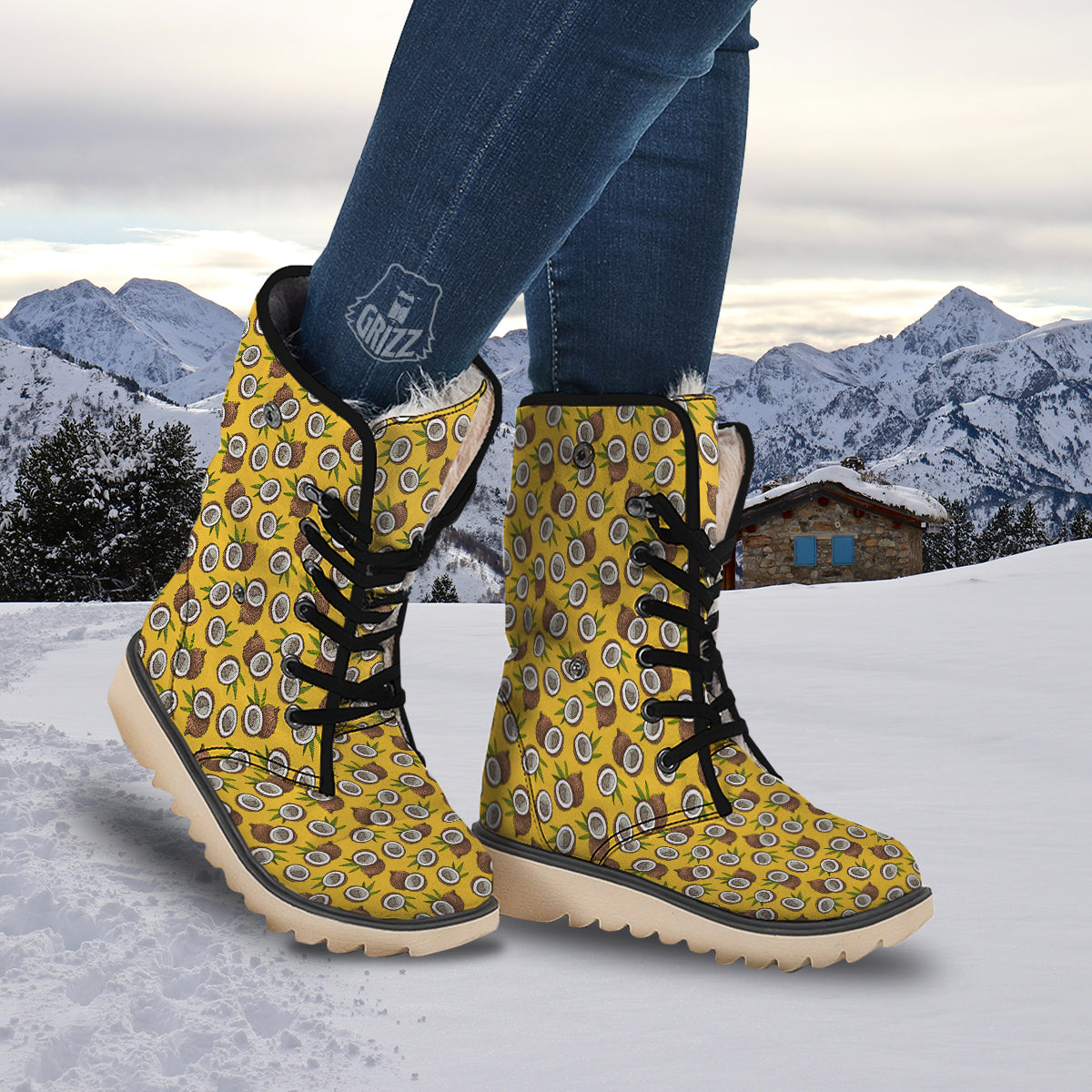 Coconut Yellow Vintage Print Pattern Snow Boots-grizzshop