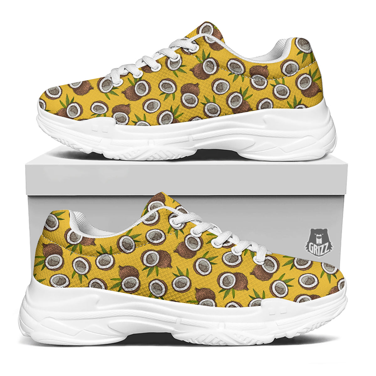 Coconut Yellow Vintage Print Pattern White Chunky Shoes-grizzshop