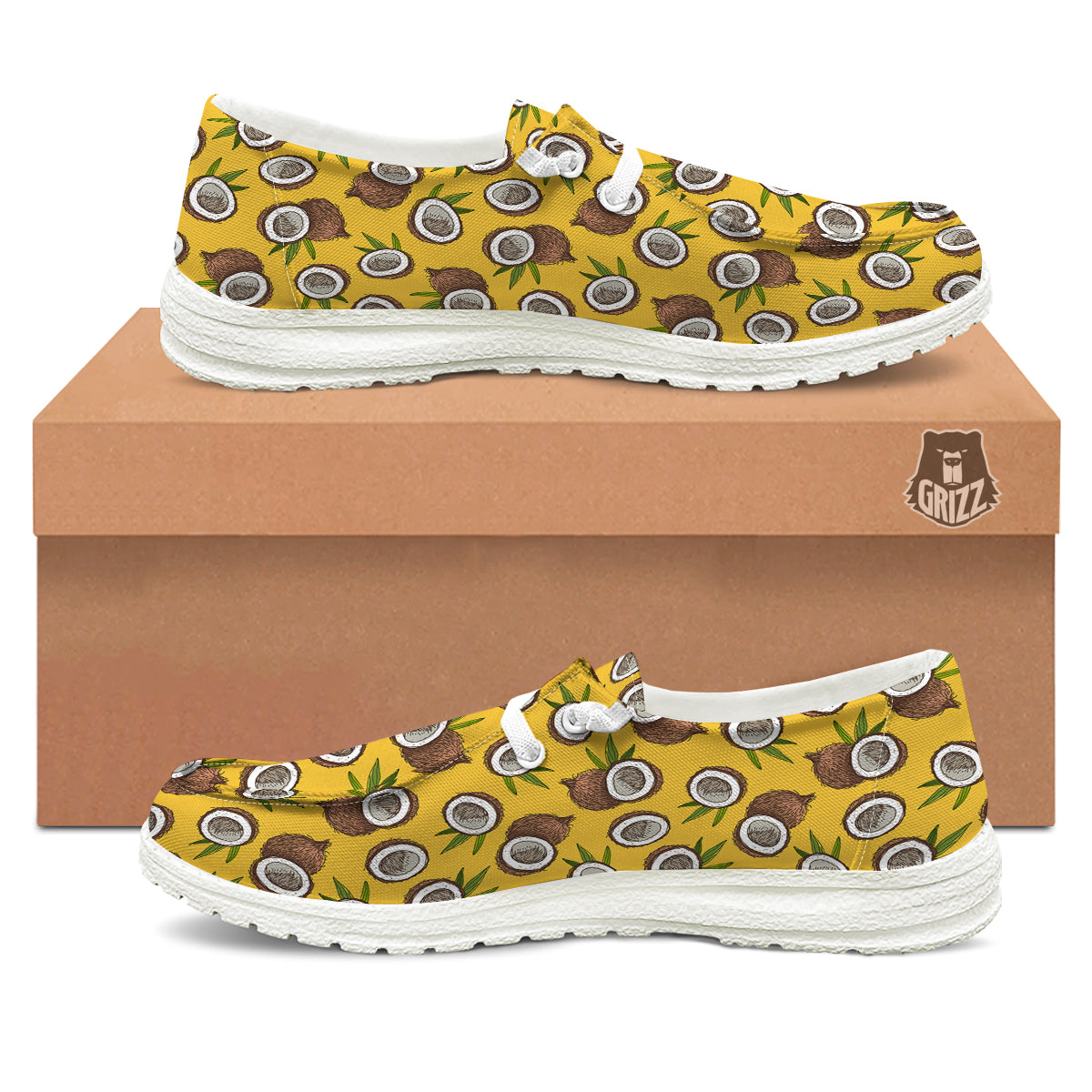 Coconut Yellow Vintage Print Pattern White Loafers-grizzshop