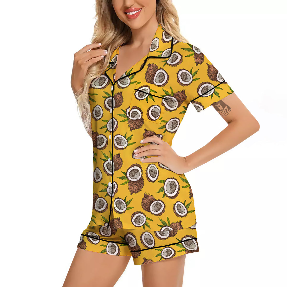 Coconut Yellow Vintage Print Pattern Women Silk Pajamas-grizzshop