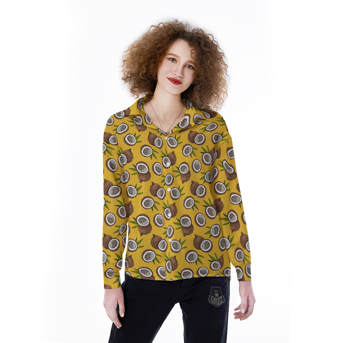 Coconut Yellow Vintage Print Pattern Women's Long Sleeve Shirts-grizzshop