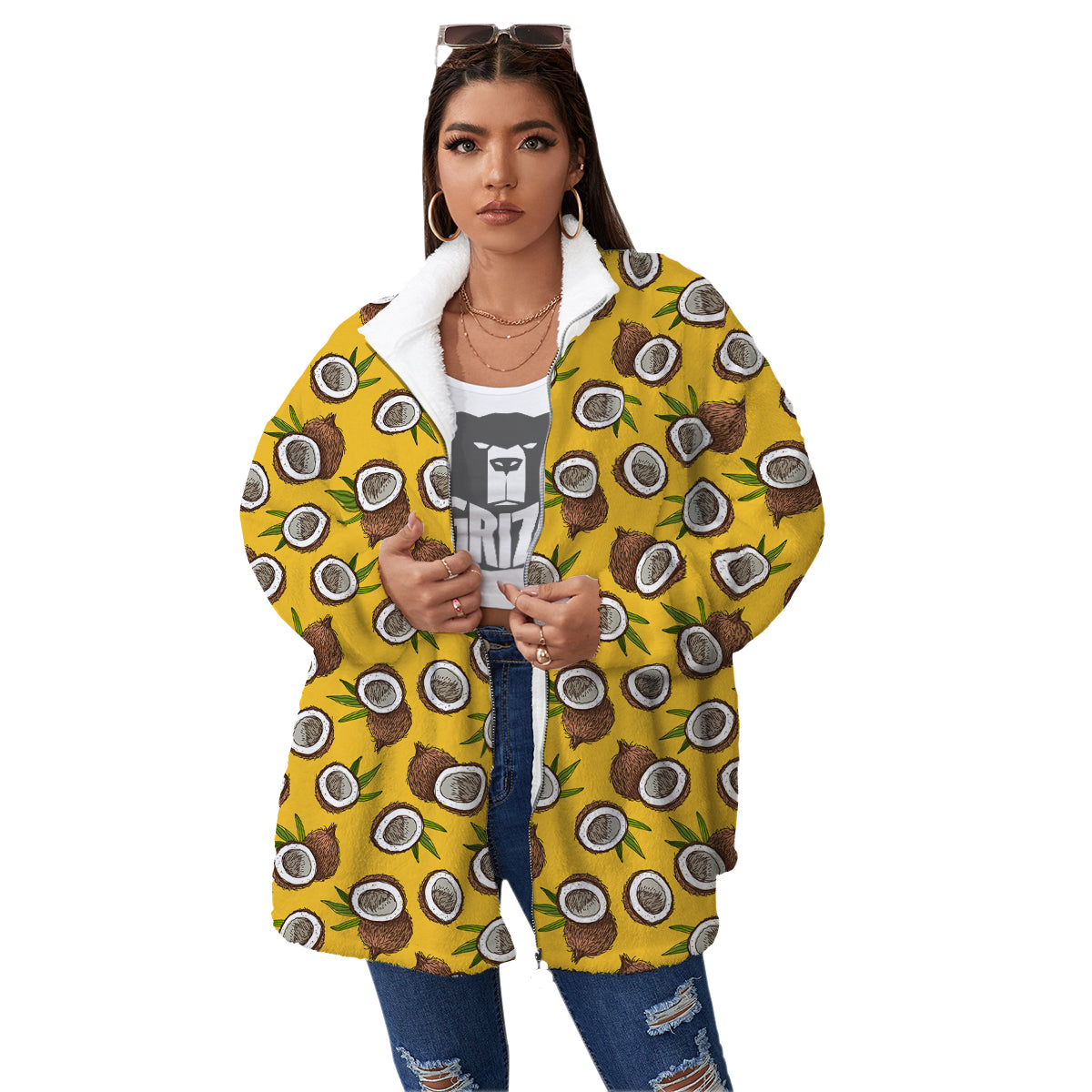 Coconut Yellow Vintage Print Pattern Women's Sherpa Jacket-grizzshop