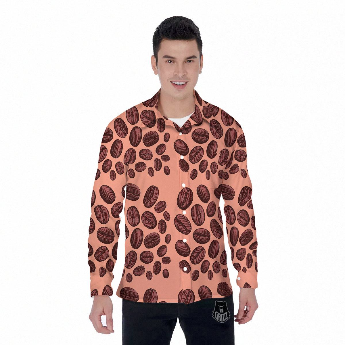 Coffee Bean Vintage Print Pattern Men's Long Sleeve Shirts-grizzshop
