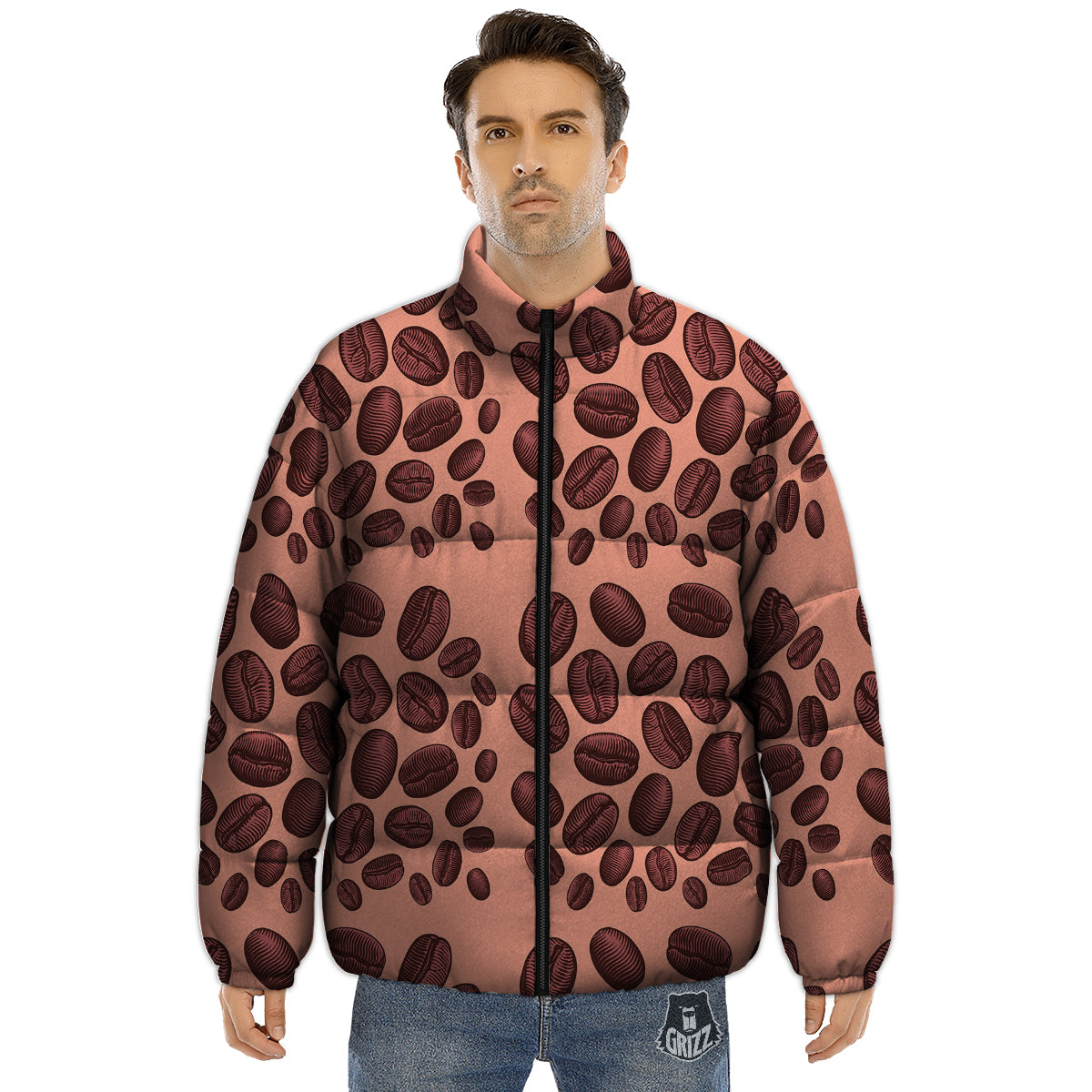 Coffee Bean Vintage Print Pattern Puffer Jacket-grizzshop