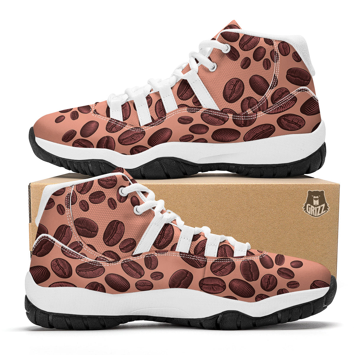 Coffee Bean Vintage Print Pattern White Bball Shoes-grizzshop