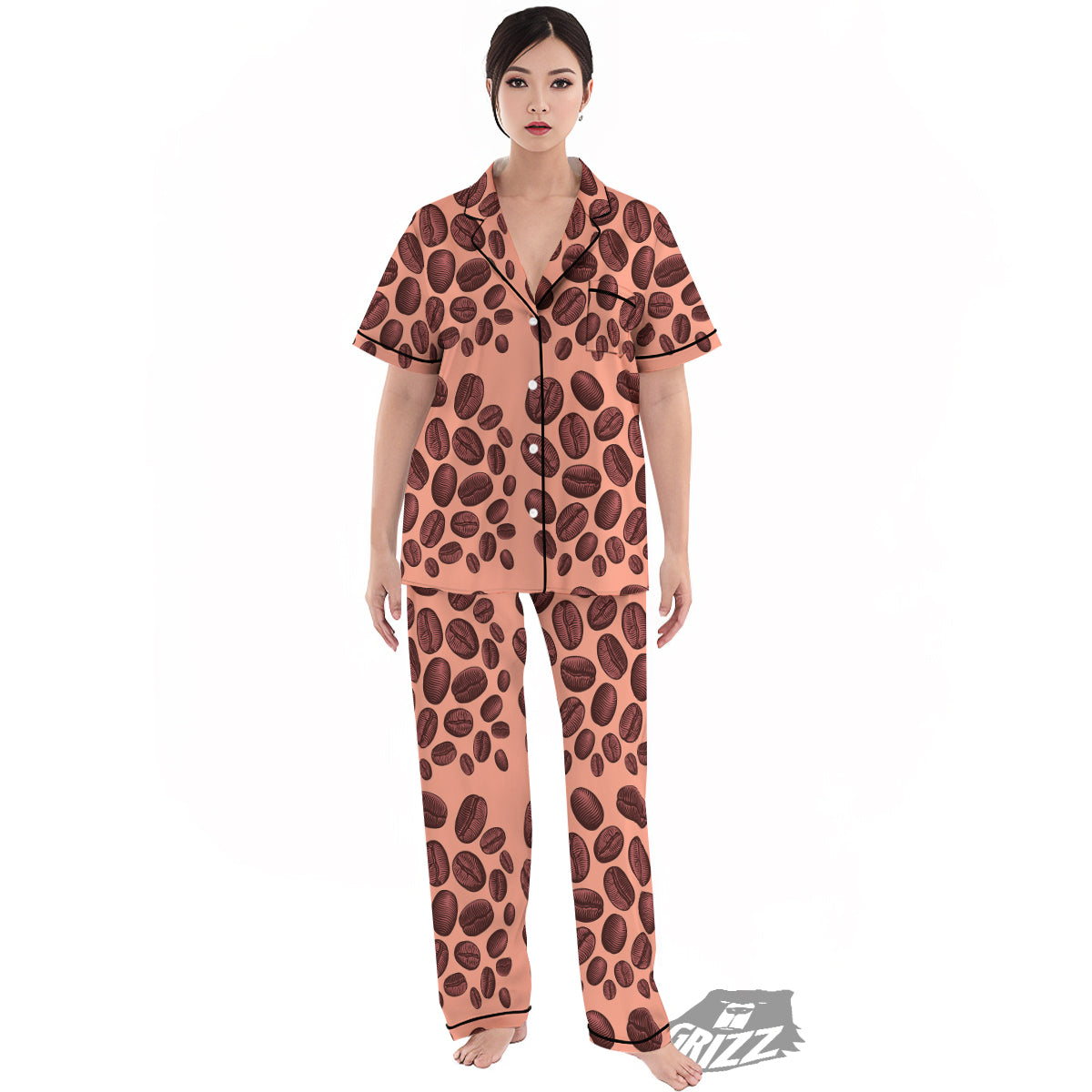 Coffee Bean Vintage Print Pattern Women's Pajamas Set-grizzshop
