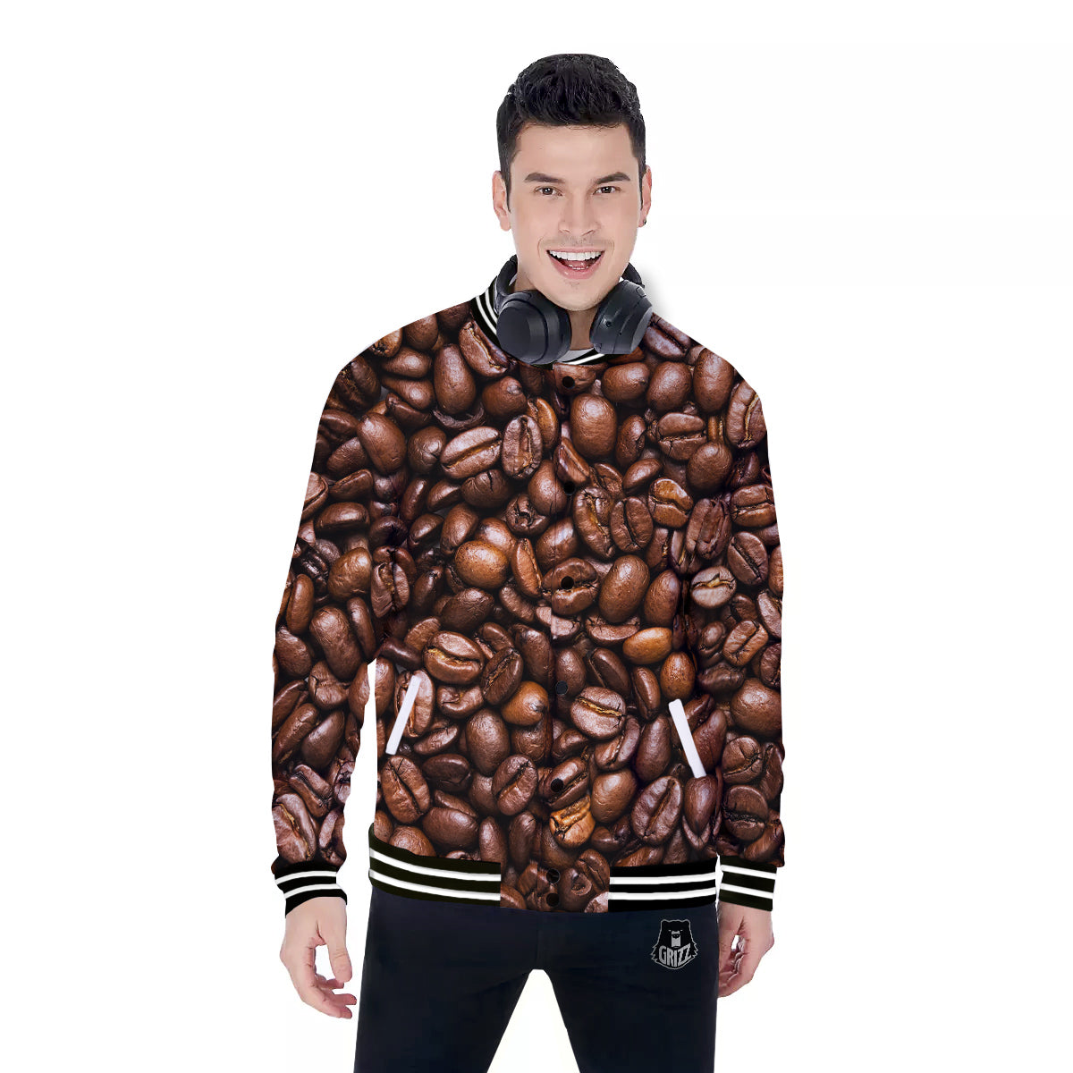 Coffee Beans Print Baseball Jacket-grizzshop