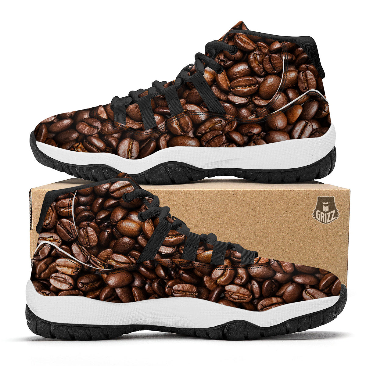 Coffee Beans Print Black Bball Shoes-grizzshop