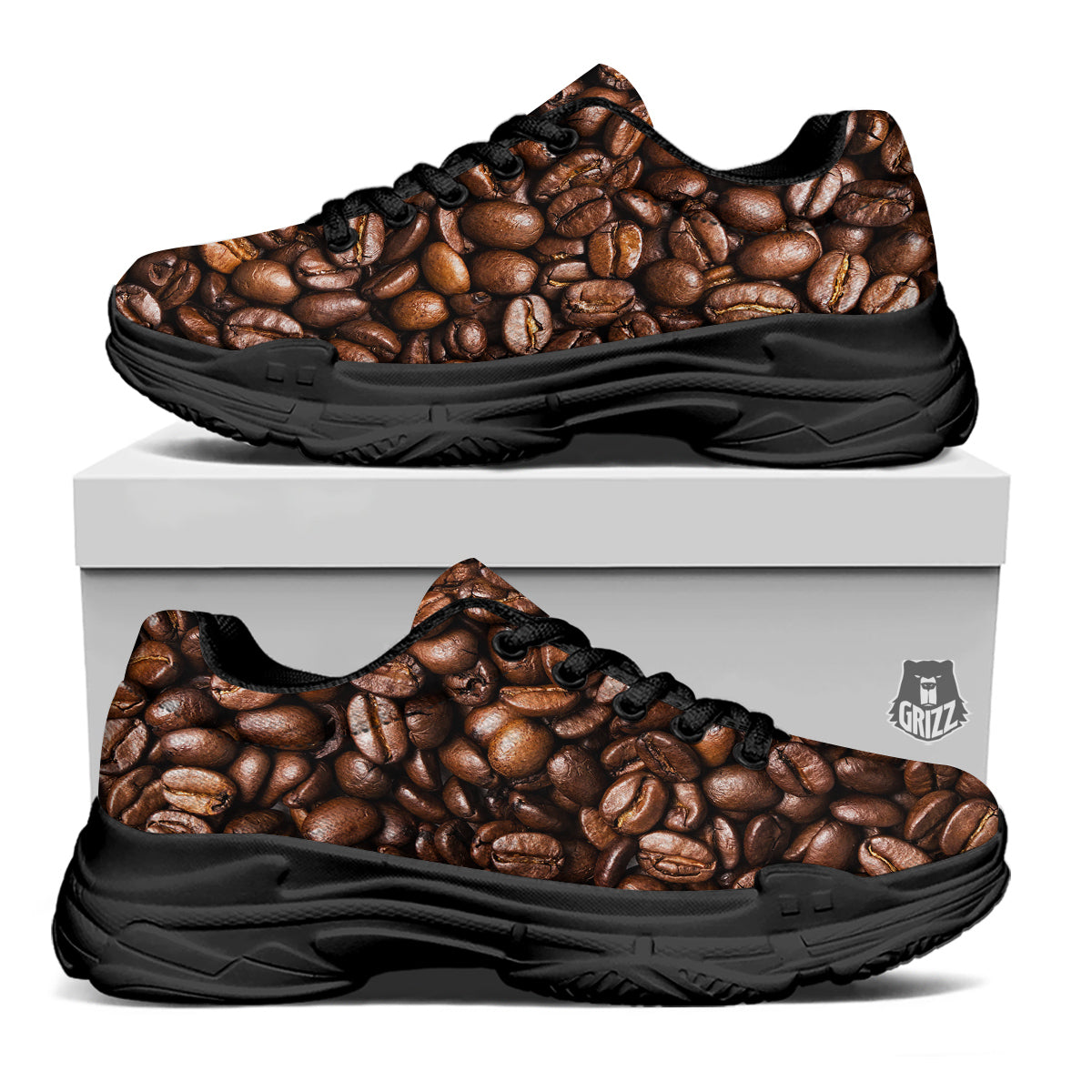 Coffee Beans Print Black Chunky Shoes-grizzshop
