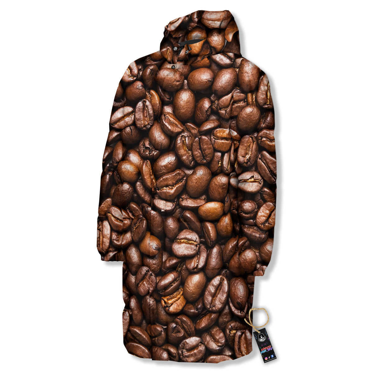Coffee Beans Print Long Down Jacket-grizzshop