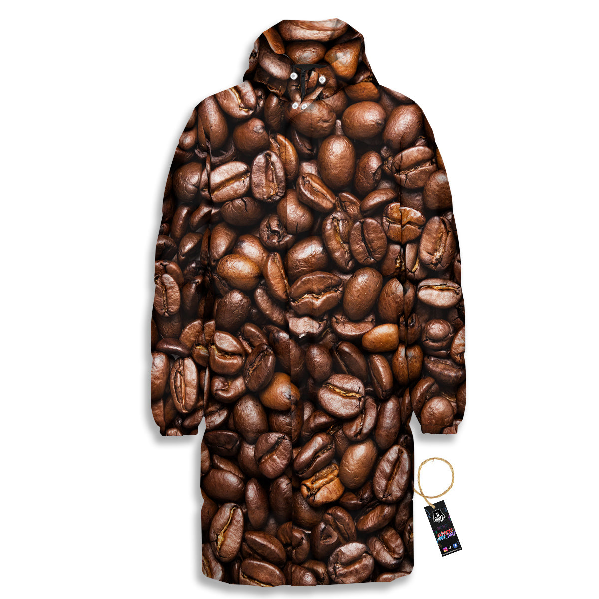 Coffee Beans Print Long Down Jacket-grizzshop