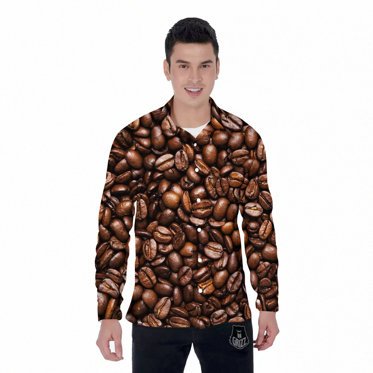 Coffee Beans Print Men's Long Sleeve Shirts-grizzshop