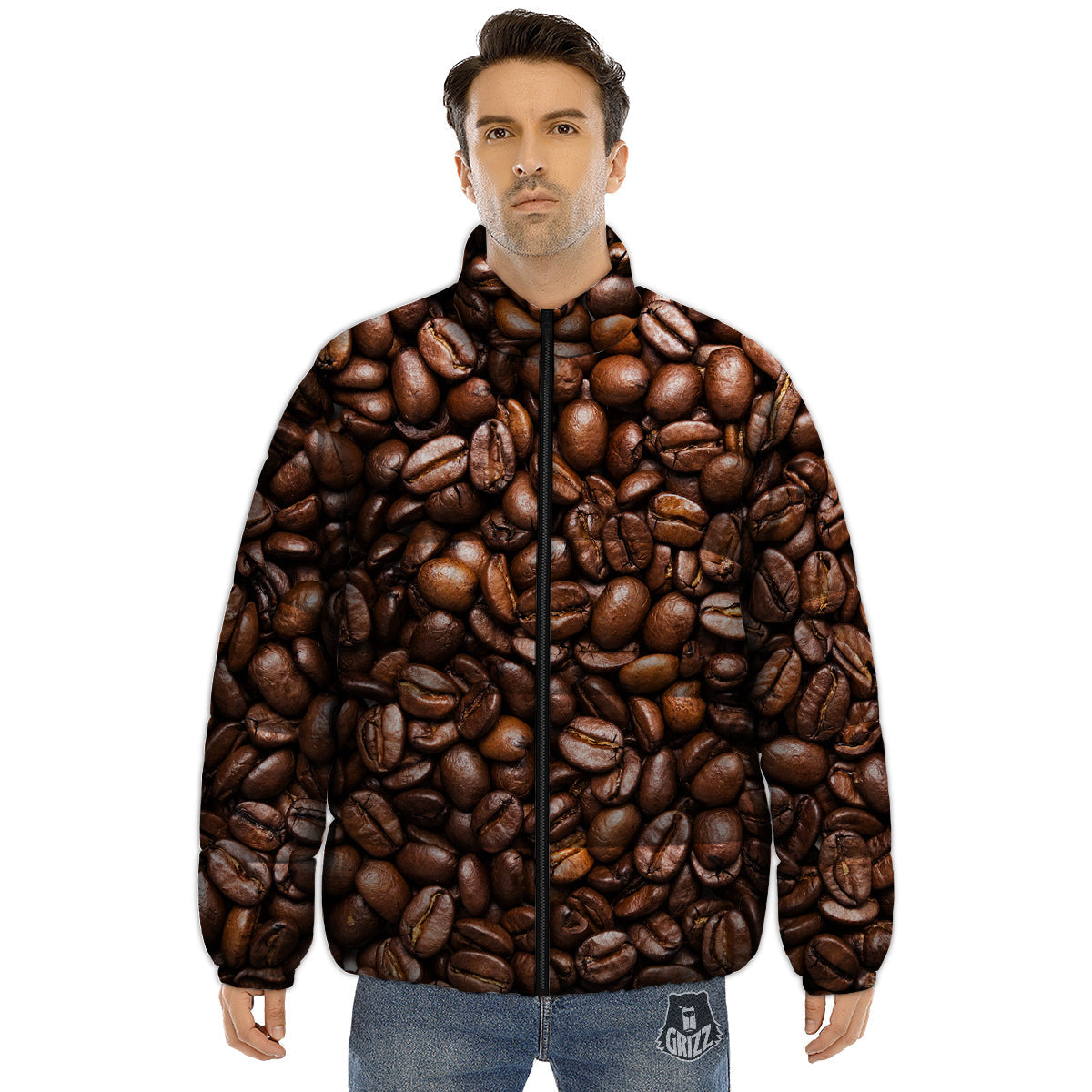 Coffee Beans Print Puffer Jacket-grizzshop