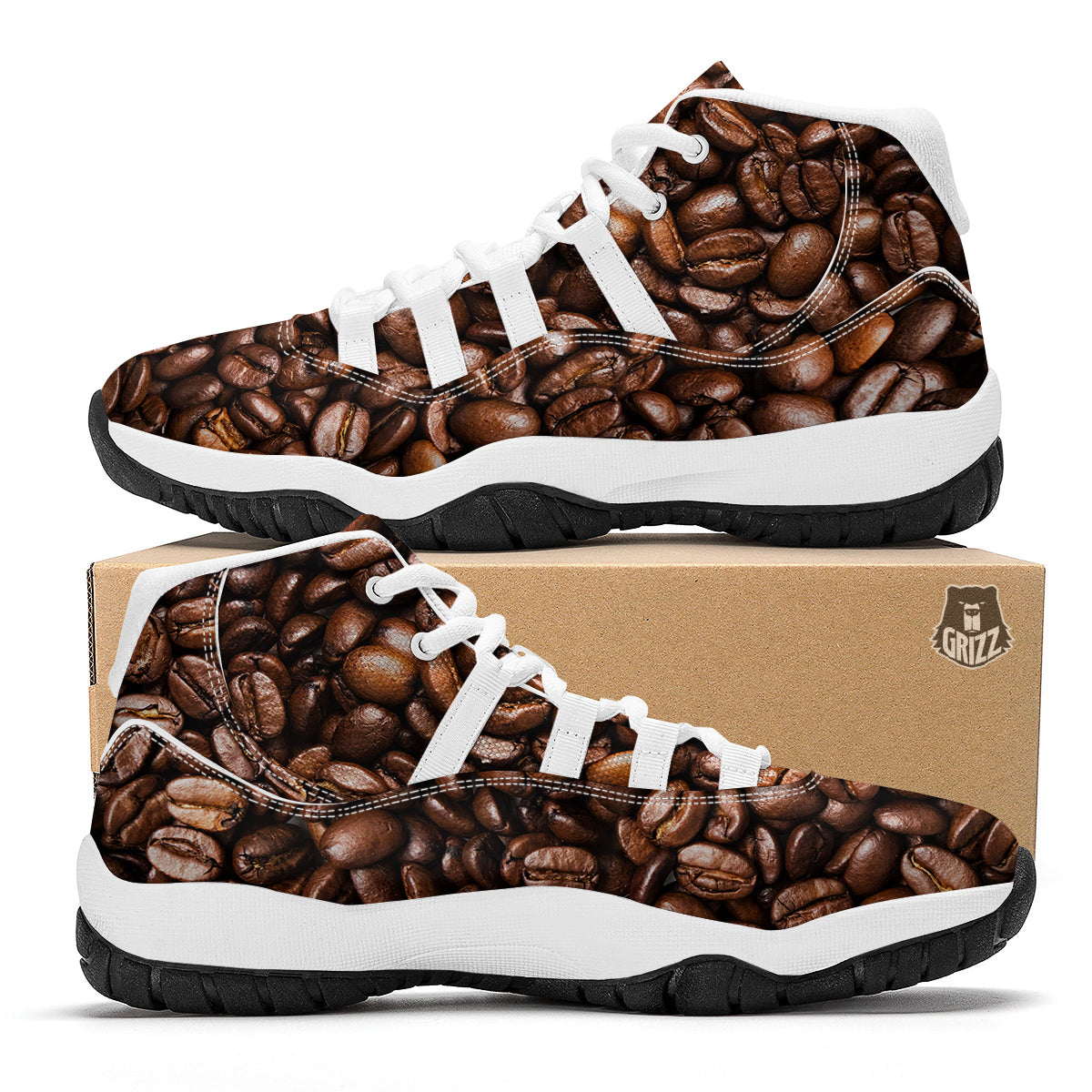 Coffee Beans Print White Bball Shoes-grizzshop