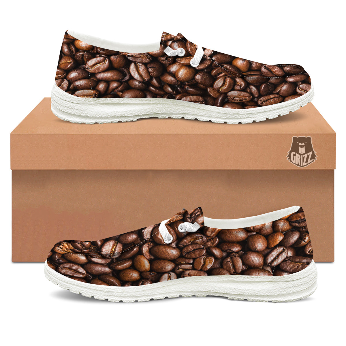 Coffee Beans Print White Loafers-grizzshop