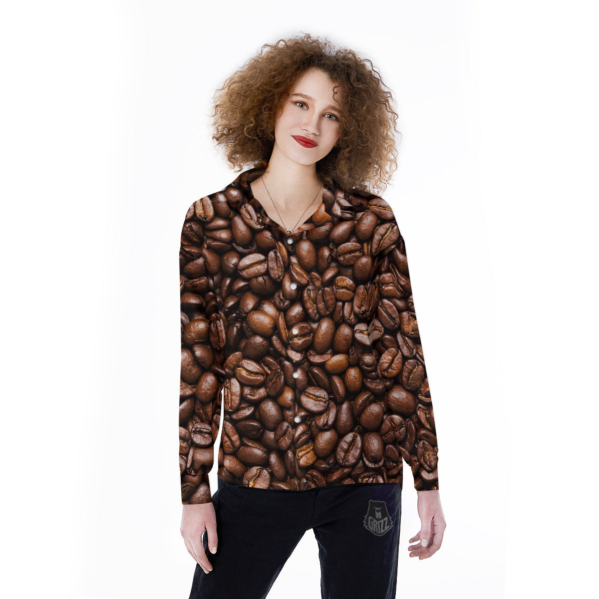 Coffee Beans Print Women's Long Sleeve Shirts-grizzshop
