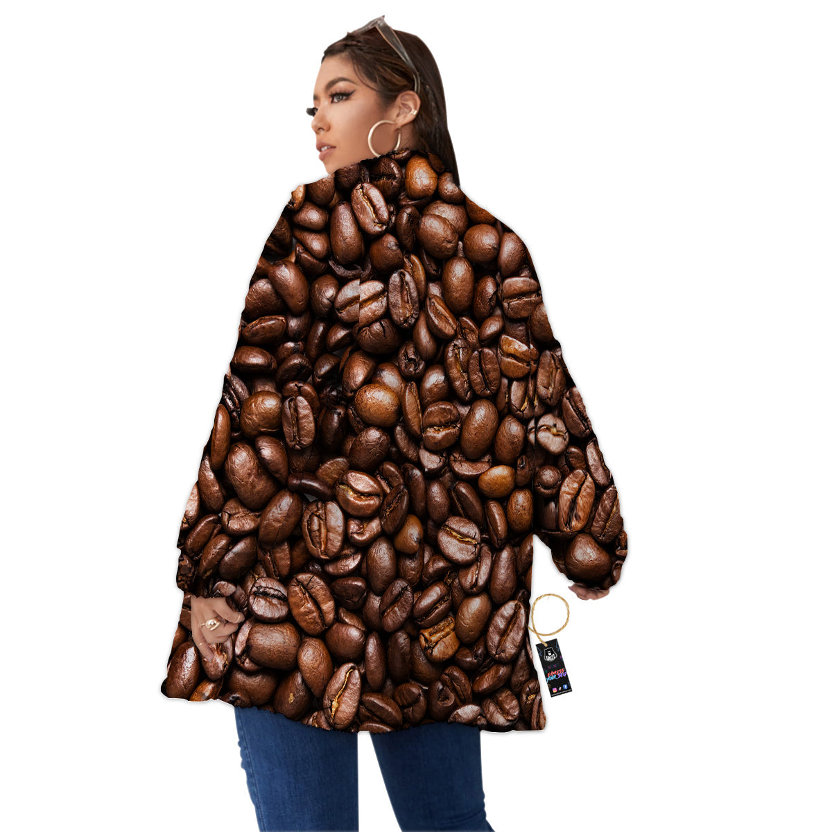 Coffee Beans Print Women's Sherpa Jacket-grizzshop