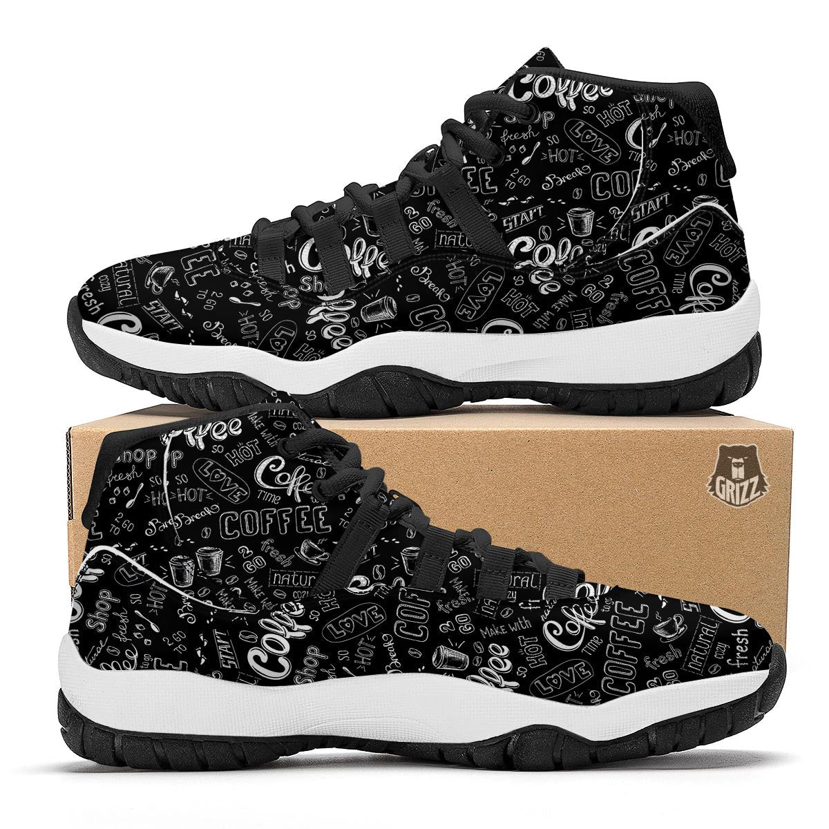 Coffee Black Pattern Print Black Bball Shoes-grizzshop